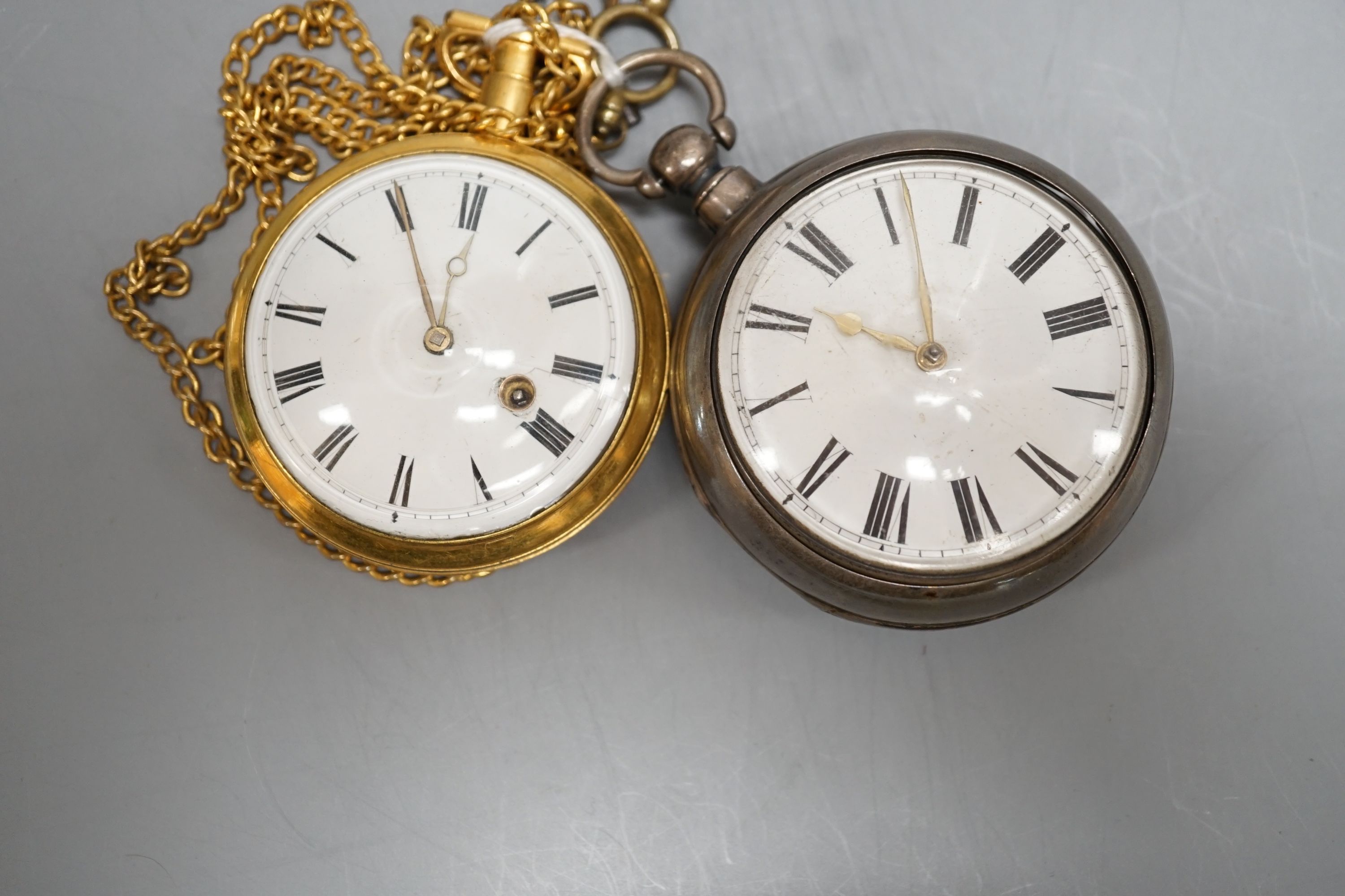 A Victorian silver pair cased pocket watch by Edward Fowle, Westerham and a gilt metal pocket watch missing outer case